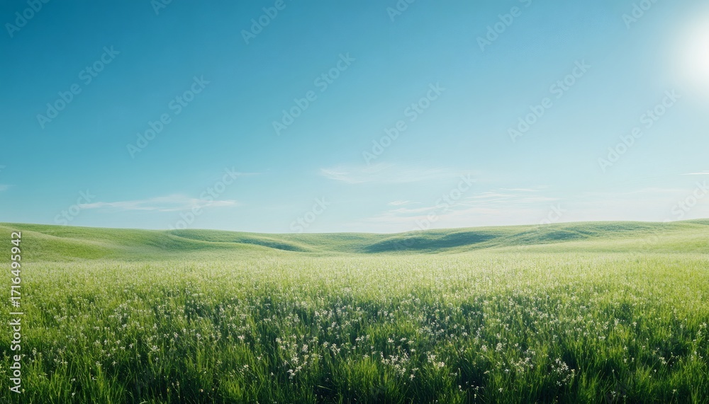 Obraz premium A vast field of green grass with small white flowers stretches across gently rolling hills under a clear, bright cyan sky.