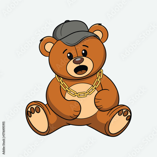 Cartoon teddy bear wearing a baseball cap and a thick gold chain illustration