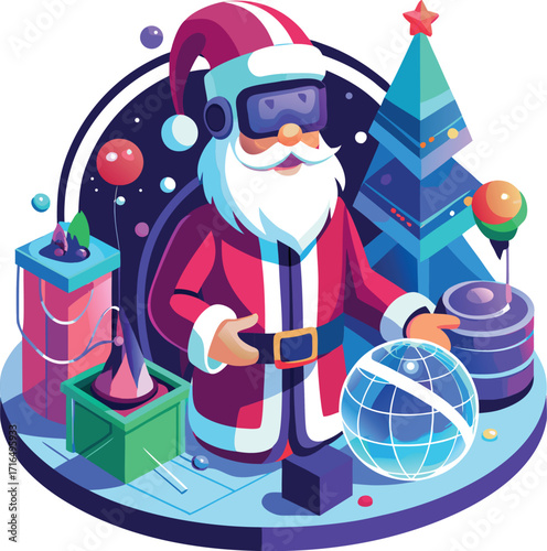 Santa wearing a VR headset, exploring a virtual Christmas world
