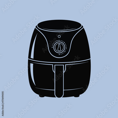 Black silhouette of a modern air fryer kitchen appliance with a control dial on a light blue background