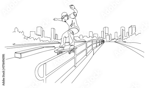 Skateboarder Grinding City Rail Continuous Line Illustration