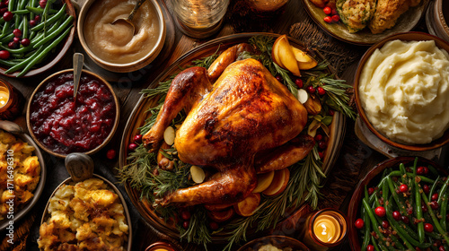 Traditional Thanksgiving turkey dinner with side dishes. A festive holiday feast on a wooden table. Top view flat lay composition