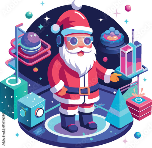 Santa wearing a VR headset, exploring a virtual Christmas world