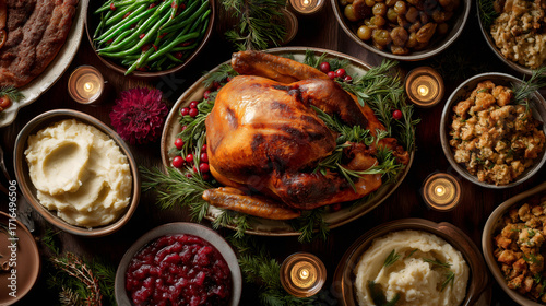 A festive holiday feast with a roasted turkey and side dishes. Traditional Thanksgiving or Christmas dinner table. Top down flat lay composition