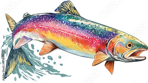 Energetic Rainbow Trout Leaping from Water Vector Illustration