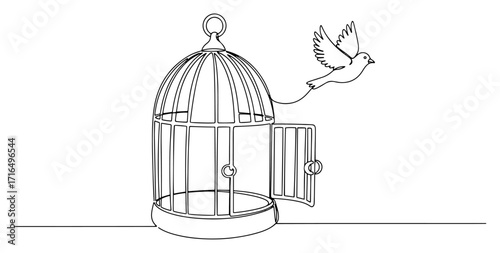 One Line Bird Flying From Open Cage Vector Illustration