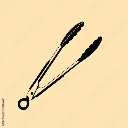 Black silhouette of kitchen tongs with scalloped gripping ends and a locking ring on a beige background