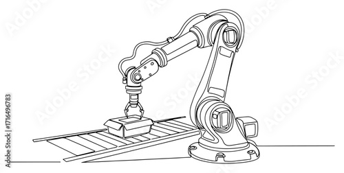 Industrial Robotic Arm on Conveyor Line black shape vector laser cutting engraving monochrome print