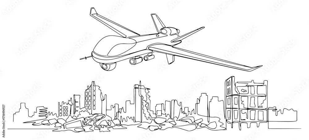 Fototapeta premium Military Drone Over War-Torn City Line Art