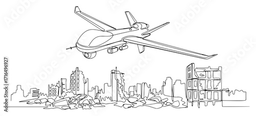 Military Drone Over War-Torn City Line Art