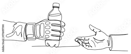Soldier Hand Giving Water Bottle Humanitarian Aid One Line Illustration