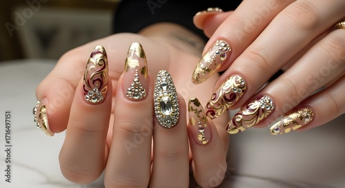 Ornate Gold and Jeweled Nail Art Design | Close Up of Manicured Fingers for Beauty, Fashion, and Lifestyle Content