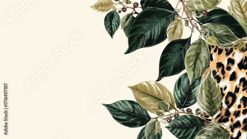 Exotic Tropical Card with Leaves and Leopard Print Design