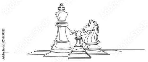 Chess Pieces King Knight and Pawn Strategy One Line Illustration