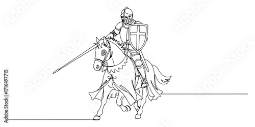 Medieval Knight with Shield and Lance on Horseback Line Art