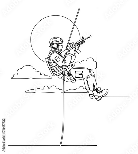 Special Forces Soldier Rappelling with Rifle Line Art