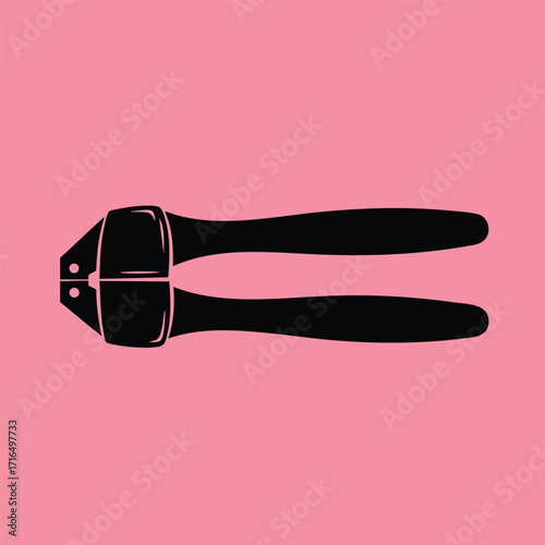 Black silhouette of a manual wire cutter tool with handles isolated on a solid pink background