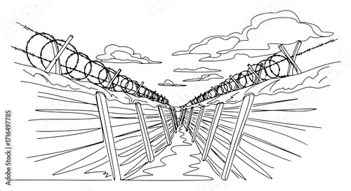 Barbed Wire Security Fence Corridor One Line Illustration