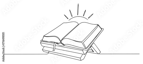 One Line Holy Bible Stack With Sun Rays Vector Illustration