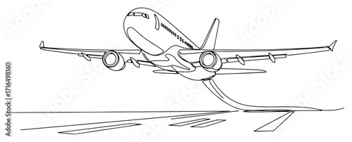 Passenger Jet Airplane Landing on Runway One Line Illustration