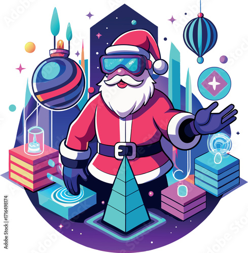 Santa wearing a VR headset, exploring a virtual Christmas world
