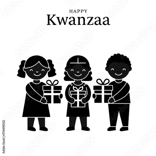 Children with gifts for Kwanzaa in black silhouette on transparent background  