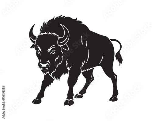 aggressive, Jumping, Angry, American, Bison Silhouette Vector Logo 