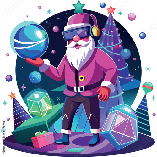 Santa wearing a VR headset, exploring a virtual Christmas world