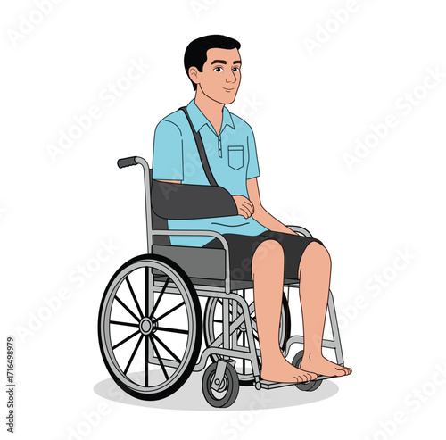 Injured Man in Wheelchair Illustration – Patient with Arm Sling and Leg Injury, Medical Recovery, Rehabilitation, and Disability Support