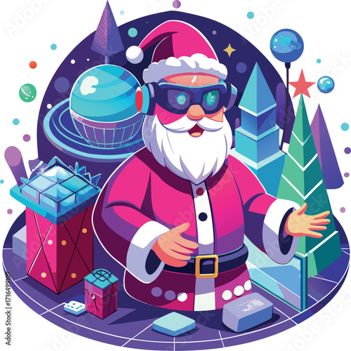 Santa wearing a VR headset, exploring a virtual Christmas world