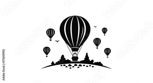 Majestic hot air balloon soars above a whimsical landscape of trees and hills.
