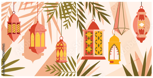 Glowing arrangement of ethnic lanterns hanging outdoors casting warm ambient light Vector art design