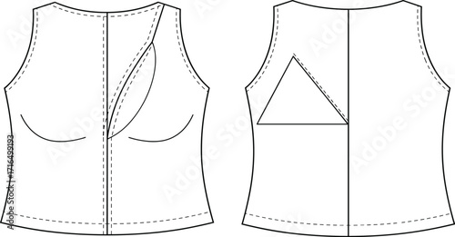 Sleeveless fitted top fashion flat sketch with front and back views, princess seams, bust dart, nursing flap, and functional garment design illustration