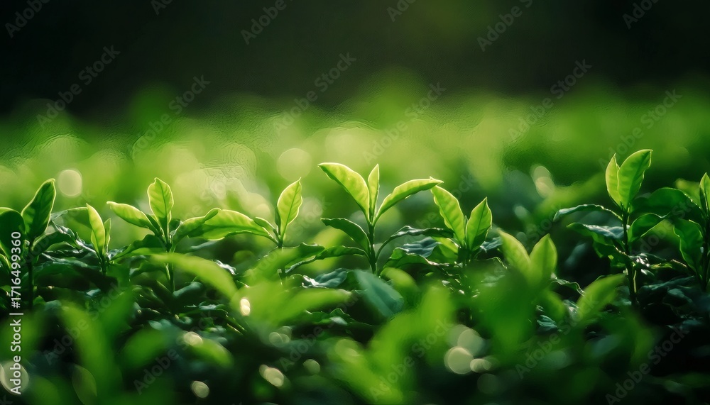 Fototapeta premium The image shows a close-up view of numerous vibrant green tea leaves, bathed in soft sunlight, with a blurred background of similar foliage.