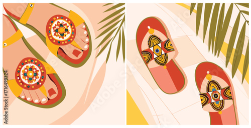 Handcrafted beaded sandals showcasing intricate beadwork and vibrant colors Vector art design