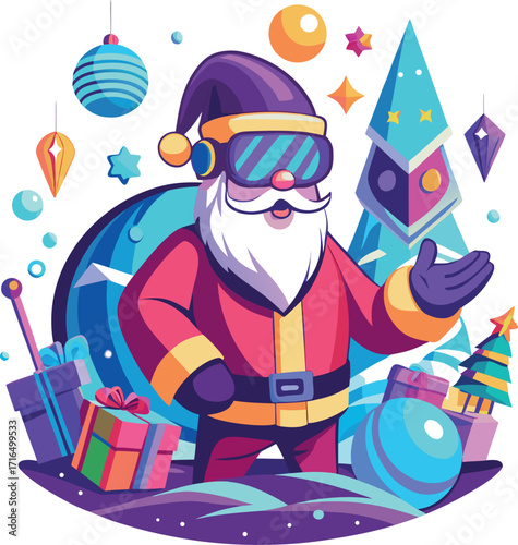 Santa wearing a VR headset, exploring a virtual Christmas world