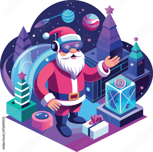 Santa wearing a VR headset, exploring a virtual Christmas world