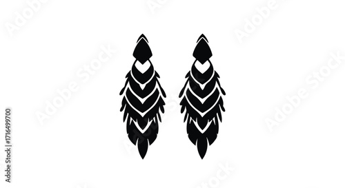 Elegant black feather-shaped drop earrings isolated on a white background, showcasing intricate detail and style.
