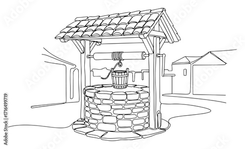 Traditional Stone Water Well in Rural Village Line Art