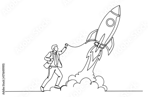 Businessman Trying to Control a Launching Rocket for a Startup