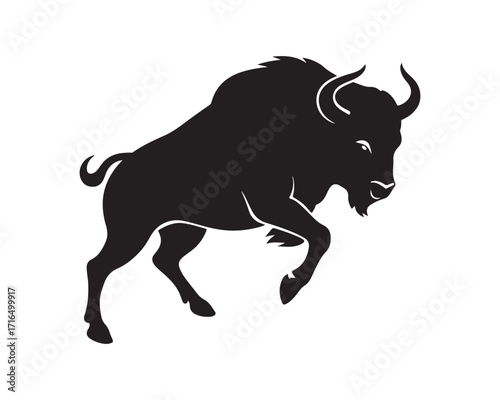 aggressive, Jumping, Angry, American, Bison Silhouette Vector Logo 