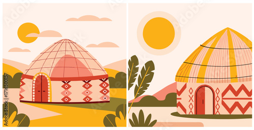 Traditional tribal hut bathed in warm natural sunlight surrounded by lush greenery Vector art design