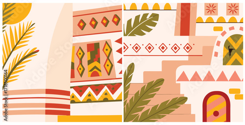 Textured earthen walls adorned with tribal patterns and natural finishes Vector art design