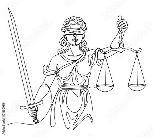 Lady Justice with Sword and Scales One Line