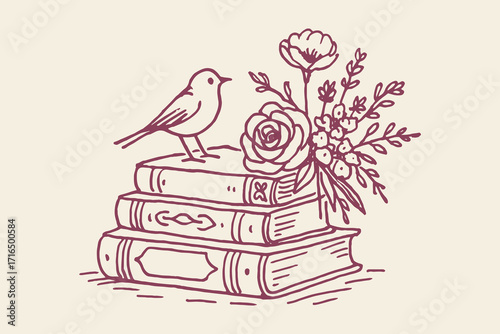 Bird books flowers sketch vintage hand drawn illustration vector