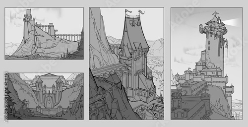 The adventure of medieval knight at ancient ruin castle landscape scenery sketches.