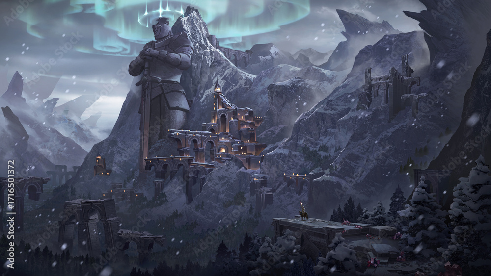 Obraz premium An illustration of the medieval fantasy abandoned fort with magic circle northern light in snow valley.