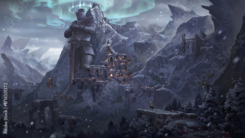 An illustration of the medieval fantasy abandoned fort with magic circle northern light in snow valley.