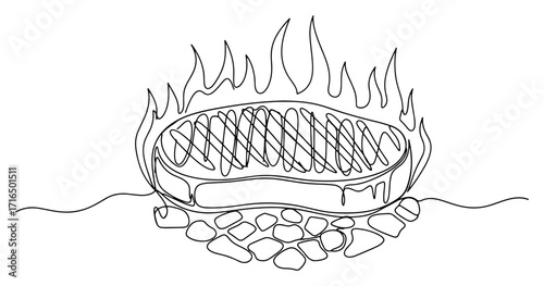 Grilled Beef Steak on a Fire in a Continuous One Line Drawing