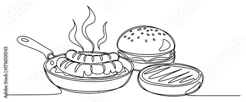One Line Burger and Sausage on Grill Vector Illustration